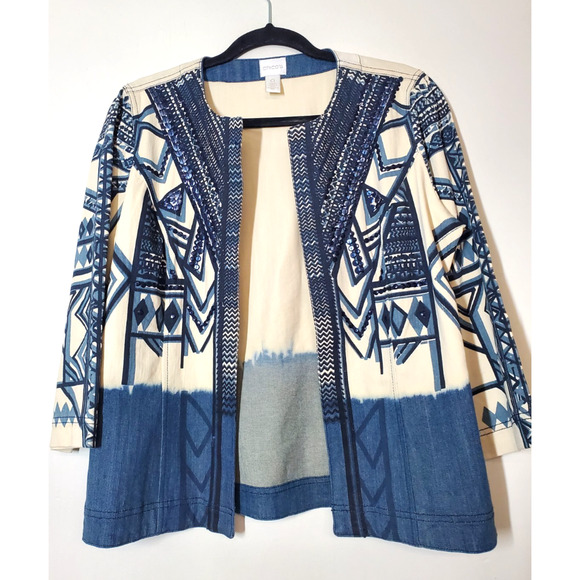 Chico's 1 Womens medium Denim Jacket Lightweight Open Front Blue Printed Sequins - Picture 8 of 8